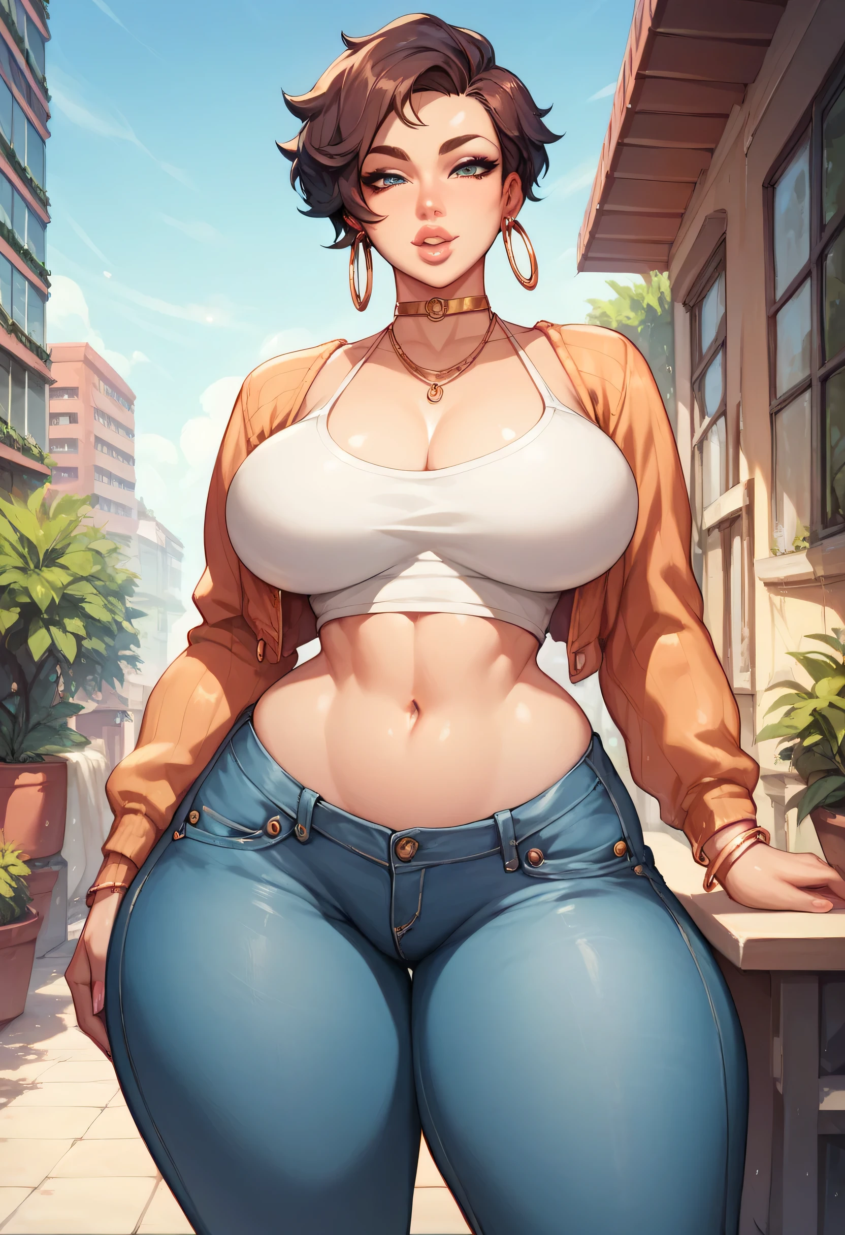 perfect face, feminine, building, earrings, jewelry, breasts, denim jeans short shorts, hoop earrings, large breasts, short hair, looking at viewer, lips, navel, long sleeves shirt, (thick thighs:1.2), standing, high end and elegant plush living room furniture set