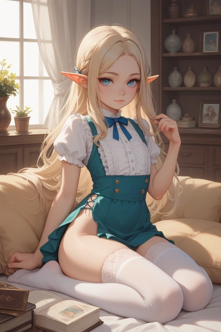 1girl, testicles, penis, (horsecock), dress, elf, anime, erection