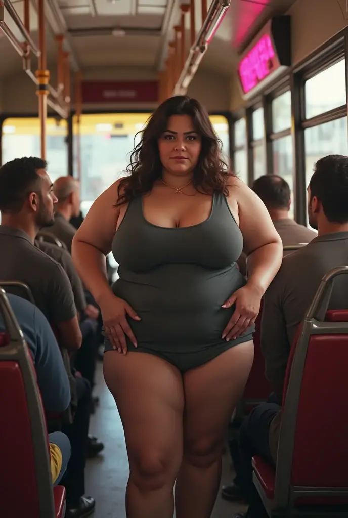 A busty woman with a penis on the bus
