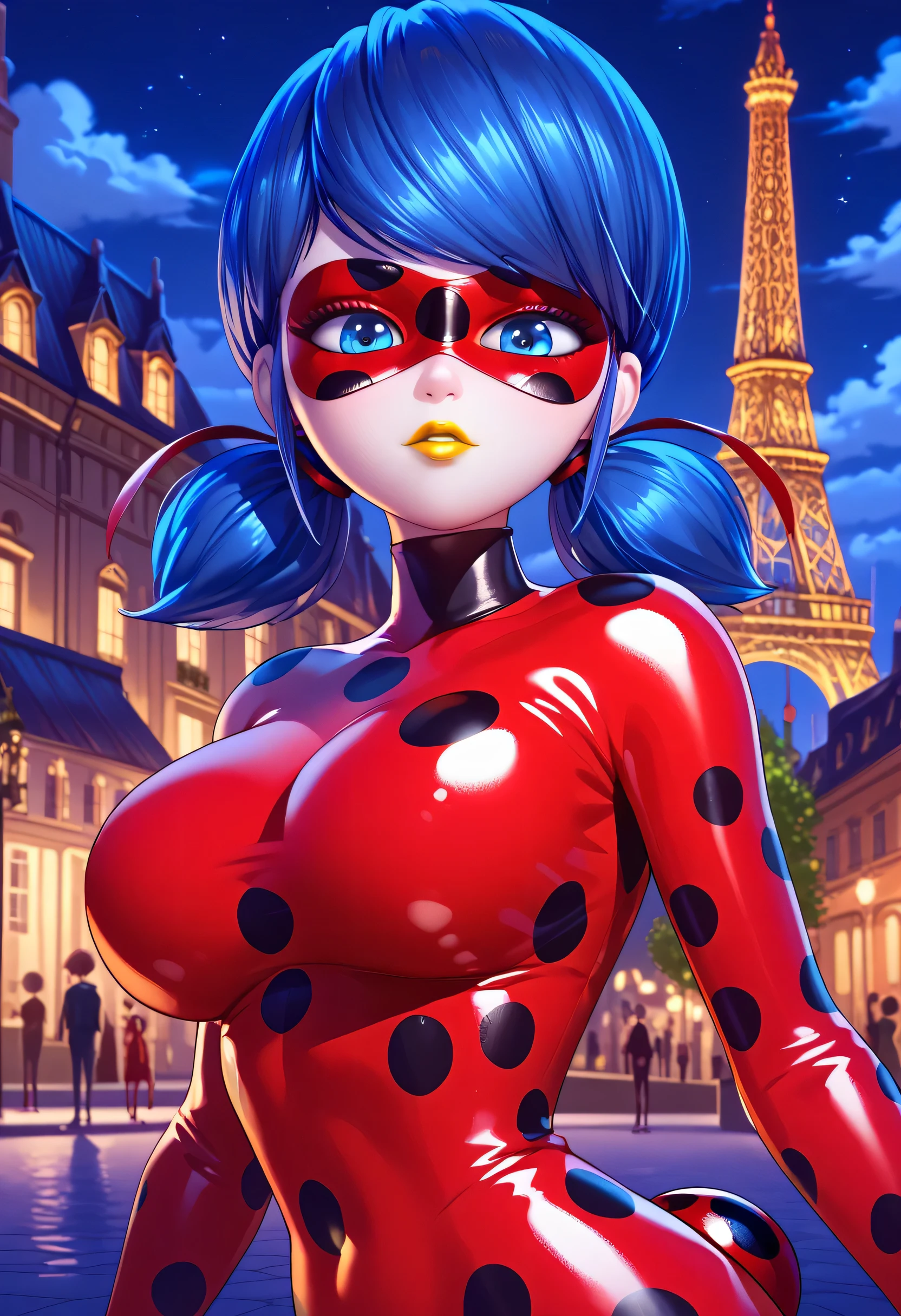 woman, big breasts, yellow lipstick, anime style, white skin, blue hair, pigtails, blue eyes, latex outfit, mask, ladybug latex, Paris, night, Marinete Dupain-Cheng, Ladybug, solo