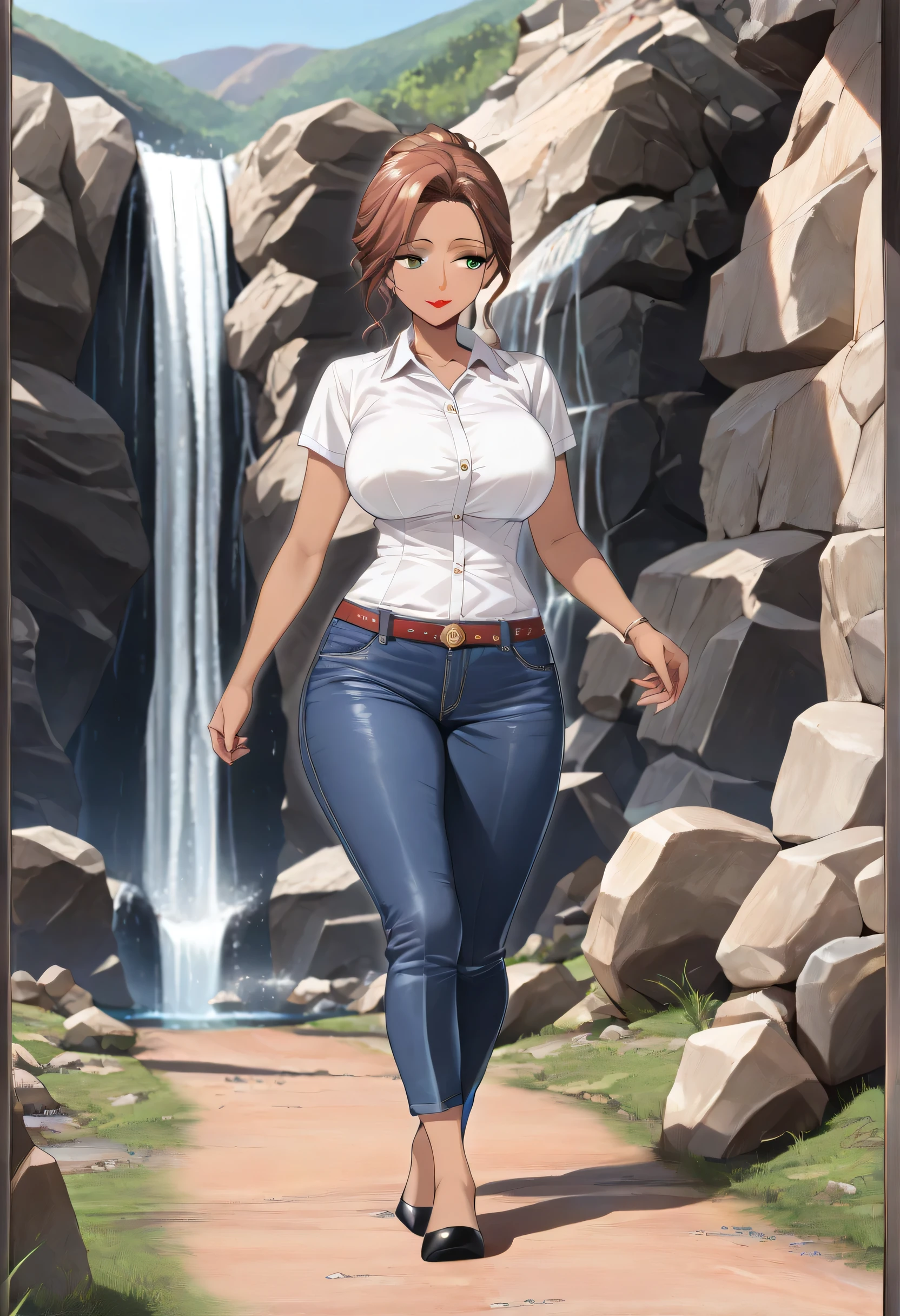 (masterpiece, best quality:1.4), brown hair, green eyes, curvy, female, dark-skinned female, tan, 1girl, solo, mature female, breasts, white shirt, blue jeans, teacher, collared shirt, curvy, red lipstick, outdoors, rocks, gravel road, waterfall, walking, close-up