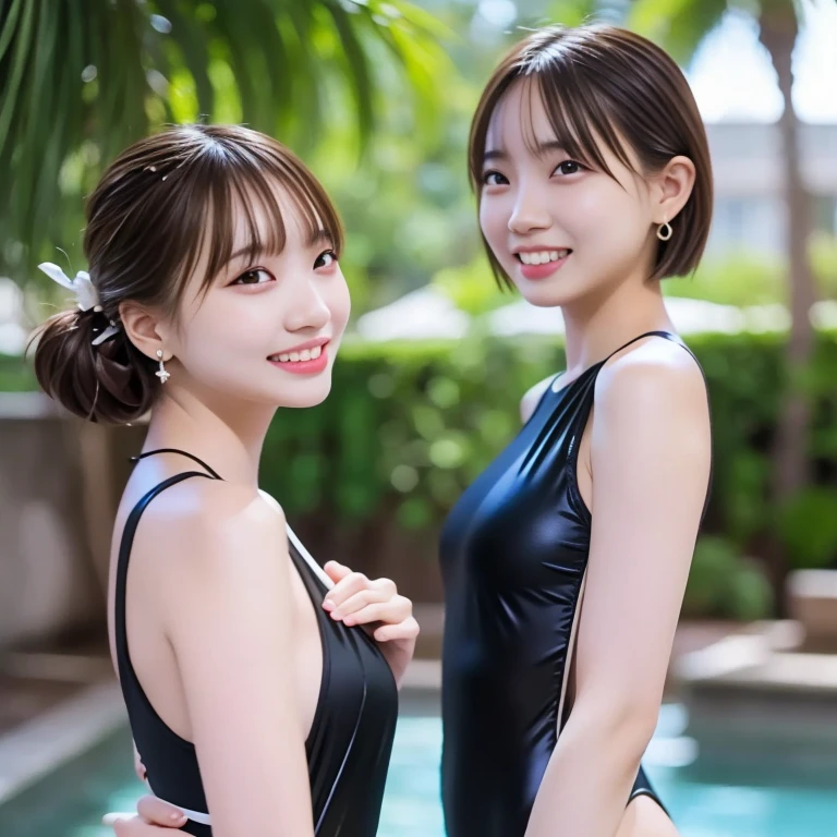 (8k, RAW Photos,Highest quality, High resolution:1.1), (超Realisticな:1.4),(Realistic, Realistic:1.3),The Beauty of Japan、((Upper Body:1.3))、Gymnastics Team - Flexible Leotards and Grips、Erect nipples,Pool、smile、Smiling