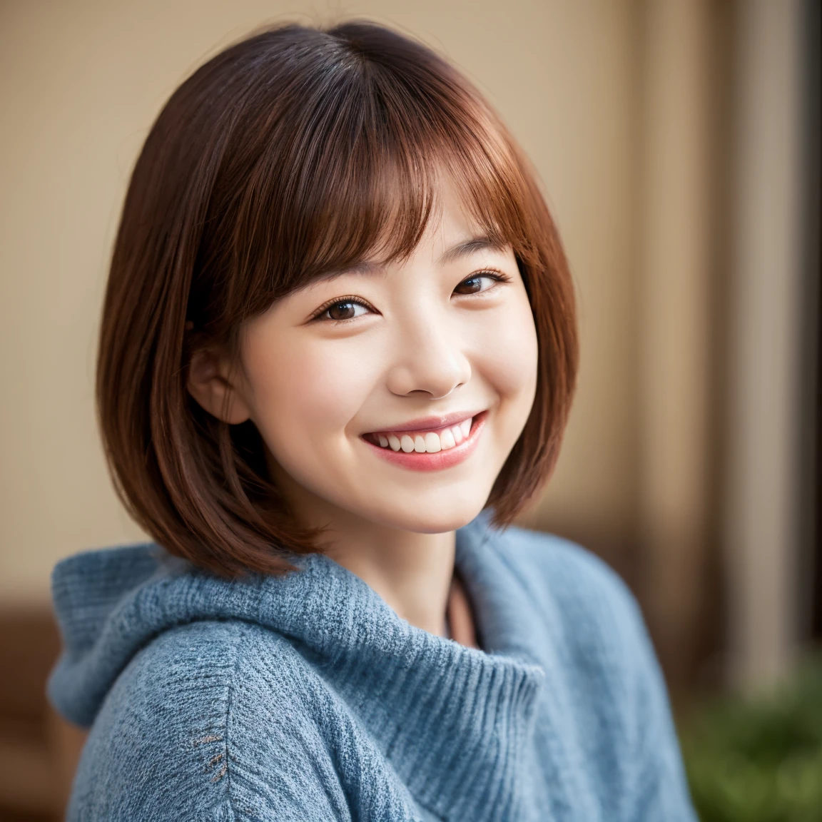 巨作、最好质量、16 K、Textured skin、1980s、One woman、cheely smile、Brown hair、bob cuts、Beanie、Sweatshirt、Short basket pants、White sneakers