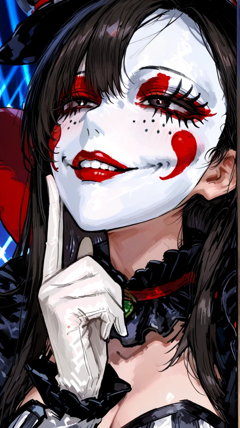 yandere girl, evil smile, portrait, hyper detailed intricate, blood, joker, twin drills curly, detailed background, serious, mask