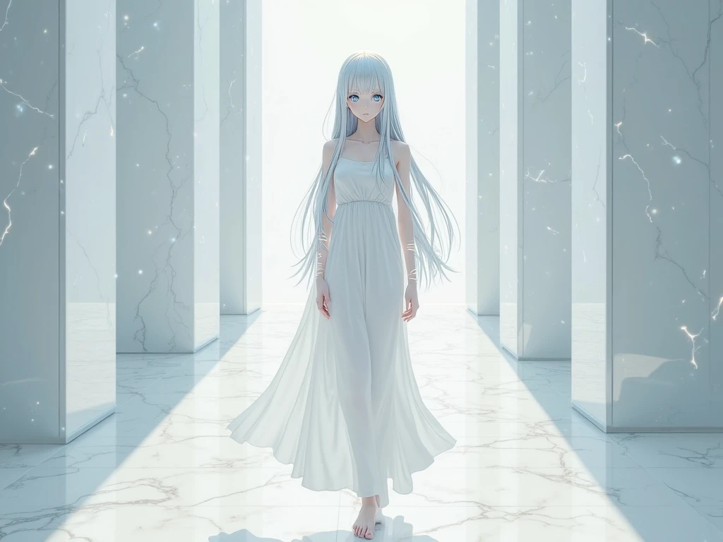 The image is in the style of a Ghibli studio anime., although somewhat gloomy and adult, It features a 20-year-old albino adult woman.. She is standing in front of a black wall, She has long hair and red eyes. Shown with a smile. She has a white dress that reaches her knees.. strong thighs.