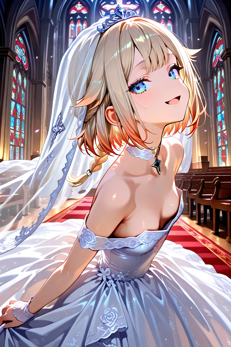 (Best Picture Quality, 4K, High Quality, Masterpiece:1.2), ((Masterpiece)), High Detail, High Quality, (HDR,16k, RAW Beautiful Girl Portrait, Best Picture Quality, Masterpiece:1.2), (Ultra-Definition Illustration), nsfw, extremely beautiful, blond wavy short hair, squatting, round face, (Petite girl:1.1), church, flower petal, audience, beautiful light, gorgeous wedding dress, sleeveless, wedding veil, embarrassed, holding skirt, close-up, lace, panties, skirt_lift, cryng,