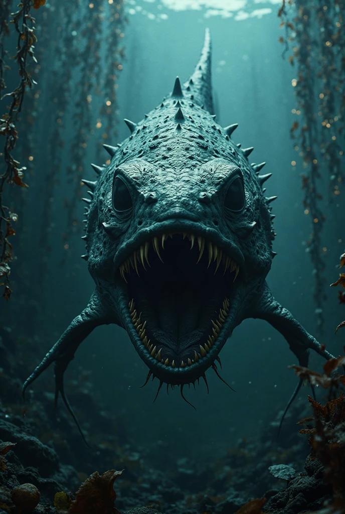 there is a fish with its mouth open and its teeth wide open, hyperrealistic fantasy monster, realistic creature concept, scary fish, ultra realistic concept art, Ultra realistic 8k creature, cinematic water scene closeup, arte conceitual escura fotorrealista, underwater sea monster, creepy creature, deep sea creature, scary sea monster, video game rendering, aquatic creature, ultra-realistic concept art