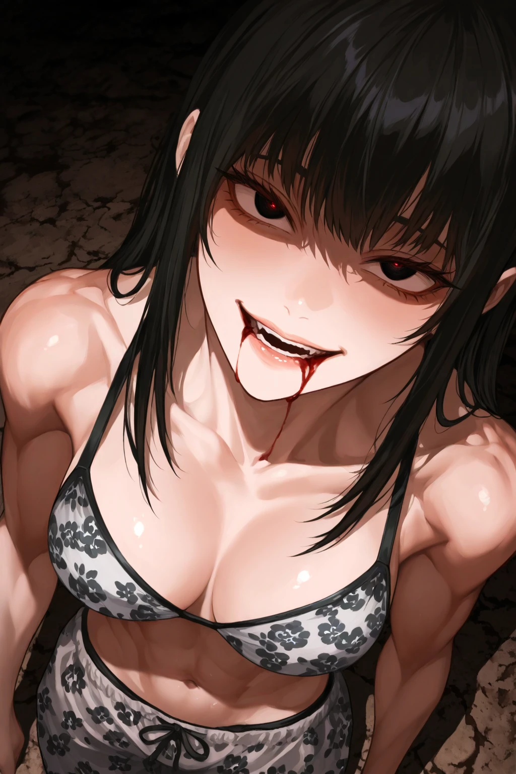 (((masterpiece))), Takagi Possessed by a evil pervert man, horror theme, in a dark bedroom, evil grin, glowing red eyes, seductive pose, checking out own body, naked, long hair, forehead, lolicon, small breast, sweating, blushing, shaded face