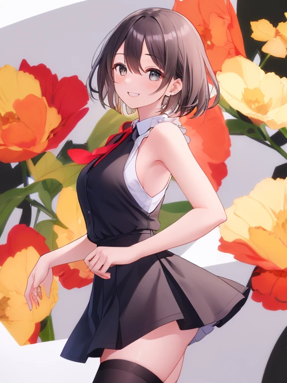 ((Best Quality)), ((masterpiece)), (detailed), 1 girl with a short floral dress with a neckline and blue hair ,Brown hair, Brown eyes, a landscape of a park, big breasts, ((Front view))