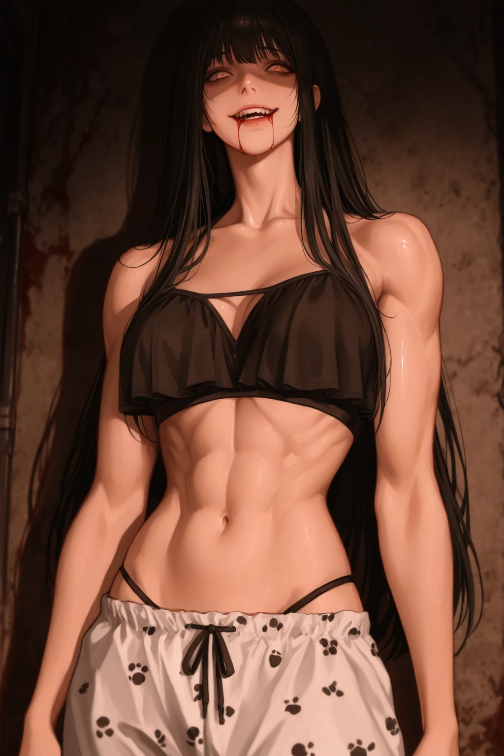 1 girl, bare shoulders, black hair, medium breasts, (muscular legs), muscular belly, wide hips, thin waist, (((clock eyes))), (wearing a very short and sexy bikini), finger to mouth, ( ((in the motel room))), full body, hair band, (with her back to me showing me her big ass), heterochromia, index finger raised, black high heel shoes, lolita hair band, long hair, red eyes, smiling, only, symbol-shaped pupils, (Kurumi tokisaki), (twintails), yellow eyes,
