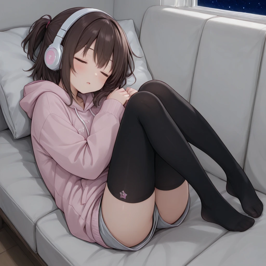 Girl listening to music with headphones in her room at home i am studying Open a book