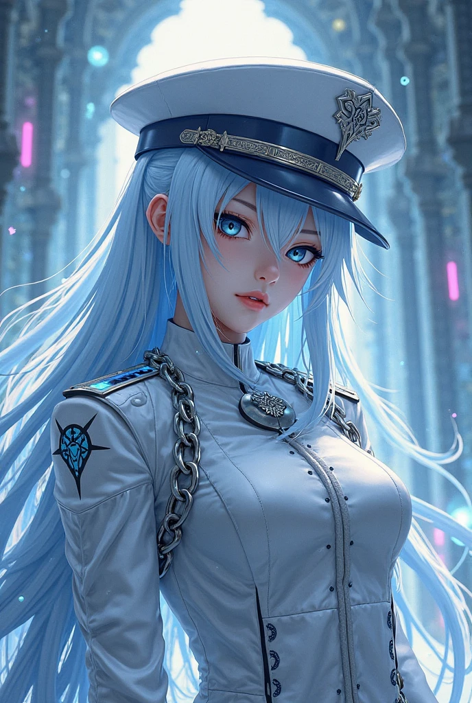 ( AKAME GA KILL_ESDEATH),((realistic, photorealistic)),(highlight hair)), Light reflection, (( HD )),((upper body)), (((best quality, masterpiece))), (masterpiece) (best quality) (detail) (8k) (HDR) (wallpaper) (cinematic lighting) (sharp focuasterpiece, best quality: 1.1), Real life adaption of this character, realistic outfit, realistic shadow, realistic light, realism, hyper realistic, realistic background,realistic hair,(photorealistic:1.2), 1girl, Ice night background, sitting on ice crystals, ice sword sword, floating blue hair, smooth thighs,glow effect,