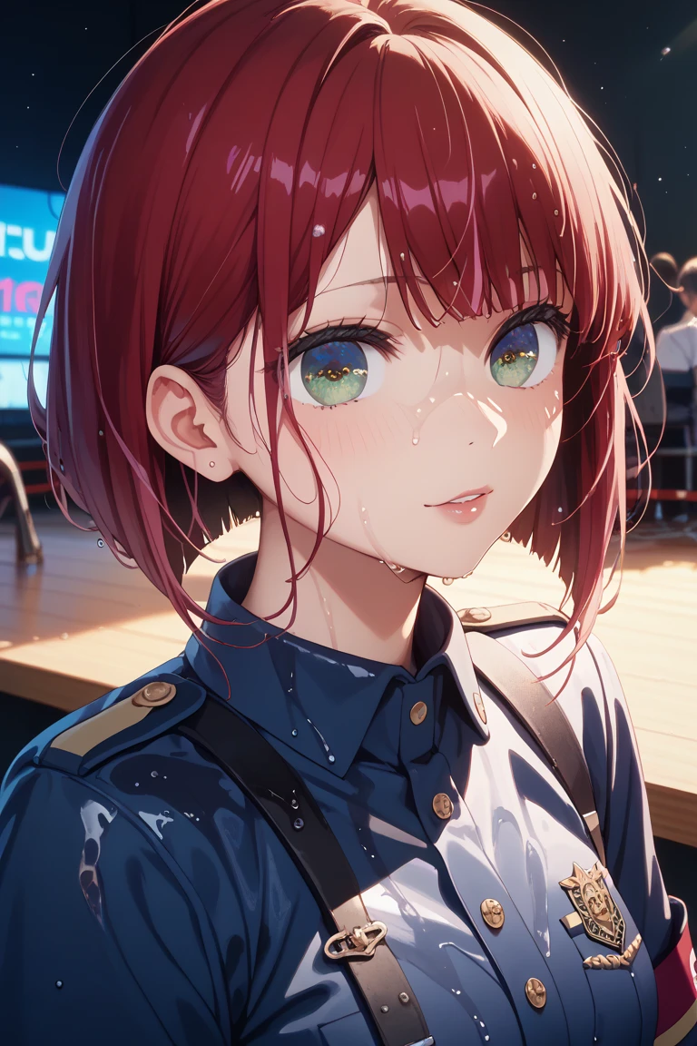 1girl, boyish, short hair, ribbon, gal makeup, blazer uniform, jagged hair, tanned skin, red lips, inside school, red hair, blue eyes, poolside, hands on chest
