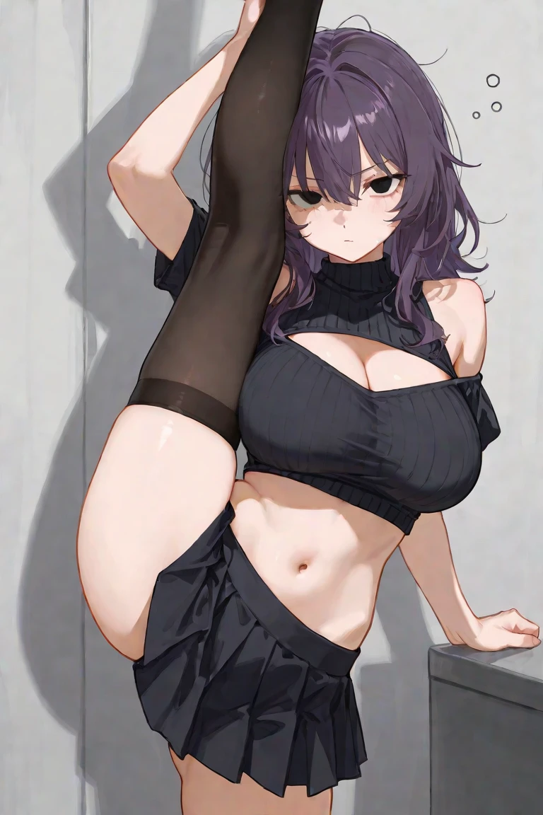 (Ultra Real), (Illustration), (High Resolution), (8K), (Very Detailed), (Best Illustration), (Beautiful Detailed Eyes), (Best Quality), (Ultra Detailed), (Masterpiece) very big breasts, Bare shoulders attractive legs, (busty), (perky) (huge ass) (bubble butt) human_feet, messy hair, black hair, (purple eyes:1.1), barefoot, 1girl, short shorts, large oversized sweater, multicolored hair, pink hair, two-tone hair, looking at viewer, standing up, sweater dress, open chest sweater
