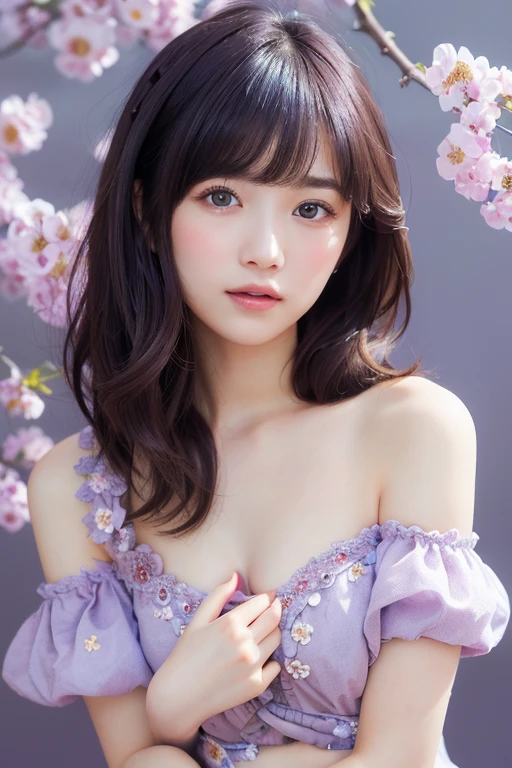 (software:1.8、masterpiece, highest quality, SONYα9ⅡF2 lens shooting),1 girl, alone, have, realistic, realistic, looking at the viewer, light brown eyes, Brunette short bob hair with highly detailed shiny hair, short hair:1.8、Beautiful face in symmetry、spring clothes:1.6, Whity, lips, bangs, outdoor, closed mouth, Upper body、Big eyes、eyelash、((Very simple light purple background:1.8))、(((bangsのあるshort hair、Big eyes、big and full chest、look at the audience、beautiful beauty、show me your ears、long neck、smile、please close your mouth and smile)))、ideal body proportions、(({Huge|big|huge|mega} chest:2, cleavage:2、happy smile、beautiful teeth、))