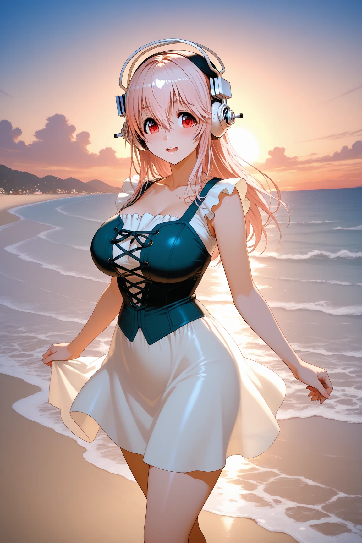 masterpiece, best quality, highres, kitagawa marin, 1girl, blonde hair, long hair, swept bangs, gradient hair, red eyes, jewelry, earrings, piercing, glossy lips, lips parted, tears, crying, white idol dress, puffy skirt, flared skirt, cleavage, partially submerged, (quicksand:1.3)