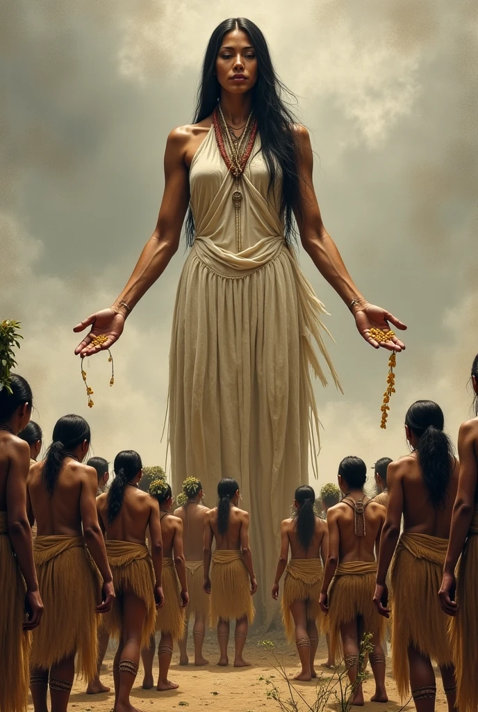 A colossal 9-foot Indian girl towers over a group of diminutive men, her  frame in stark contrast to their minuscule statures. The sunlight filters through the foliage, casting an ethereal glow on her elaborately adorned skin. Her large, almond-shaped eyes, filled with wisdom and kindness, peer down at her diminutive counterparts. The men, with their wide-eyed expressions and open mouths, offer a stark contrast to the serene and regal demeanor of the giantess. The lush, green background adds depth and dimension to this scene, highlighting the vast difference in size between the two groups. This masterpiece, with its