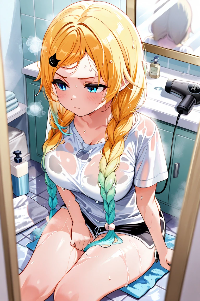 nsfw,(Petite),(A cute boy),blonde low twintails,lips,(Voyeur),Sweat,White Breath,Audience peering in from below,Back view,(Butt close-up)