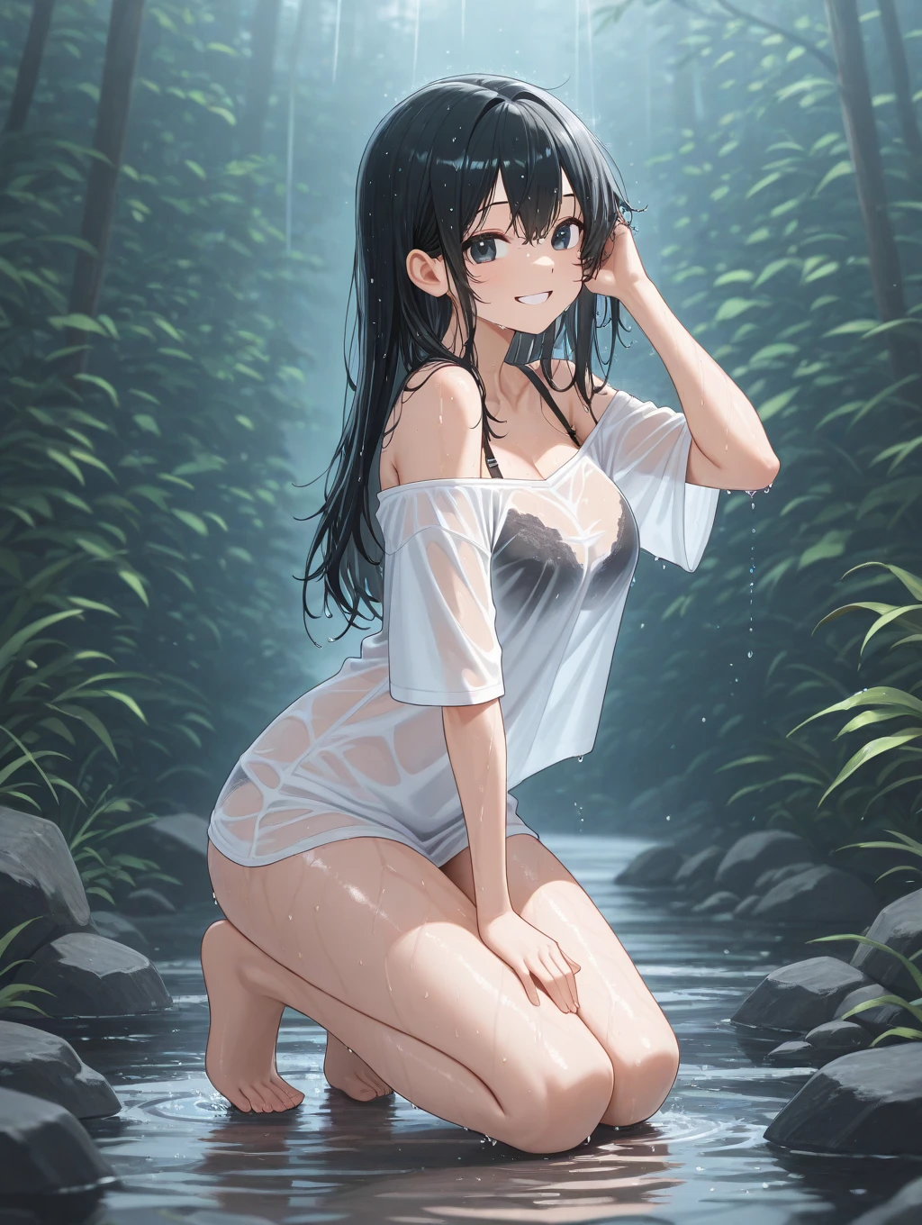 (masterpiece),(best quality),very aesthetic,(ultra-detailed),(illustration),nsfw,1girl,16yo,slender,long hair,black hair,straight hair,disheveled hair,hair ribbon,detailed The upper half is green and the lower half is purple sexy see-through negligee with a pretty ribbon in center and lace accents,half undress,no panties,wet clothes,wet,dark blue alluring eyes,squinting eyes,annoyed,condescending look,enjoyable,happy,standing,leaning forward,hand on hip,looking at a Warning stickers,reading a Warning stickers,a Warning stickers on the wooden wall,onsen,outdoors,open air bath,daytime,Lascivious atmosphere,fantastic atmosphere,Sunlight shining,forest landscape,cowboy shot,from side