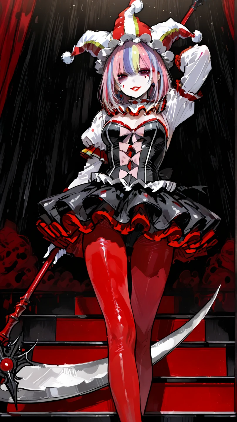 A charming and cool sexy girl who controls a skeleton,Wearing clothes made of skulls,Skull necklace,Stand sideways,((Happy and cheerful))Moe,Perfect body proportions((Full body picture))Stand sideways,Bare feet and legs,Exquisite clothing patterns,Red and black mixed hair color