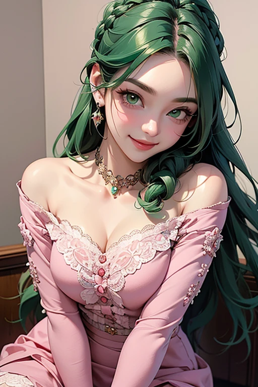 green hair Wavy long hair with parting drooping eyes heavy makeup pink lipstick woman 22 years old pastel purple dress live-action