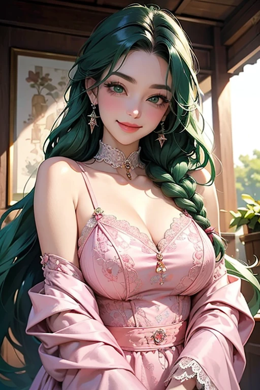(Wearing a long pastel green minty lace dress), (emerald earrings), green charms, (crown with pink candy), ((CANDY THEME)),  minty motifs, cold weather, bedroom, interior design, girl modeling, in pastel goth, (Charming Smile),Smile, golden glowy Eyes, glow, sparkle, 4k, render, anime, ghibli, ilya, (Lying in bed),Dim Lights,（（Hold your breasts with your hands））
