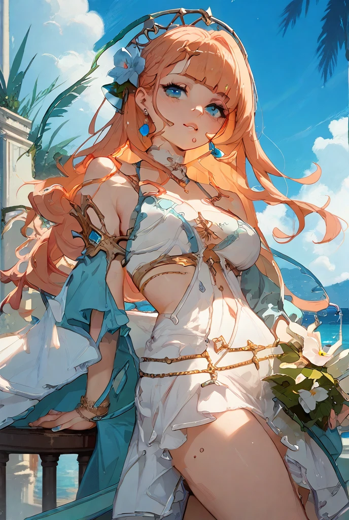 masterpiece, rich colors, Best quality, detailed, high resolution, Hyper quality, high detail, , high quality, detailing, skinny sexy girl on the beach , bright lighting , green eyes, Anime, palm trees, bright lighting, redhead,