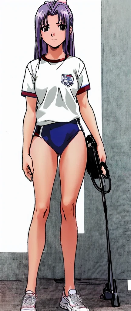 Miyanoshita Satsuki, with her beautiful legs, is standing in the schoolyard wearing a white gym uniform and light navy blue bloomers that look like panties.。