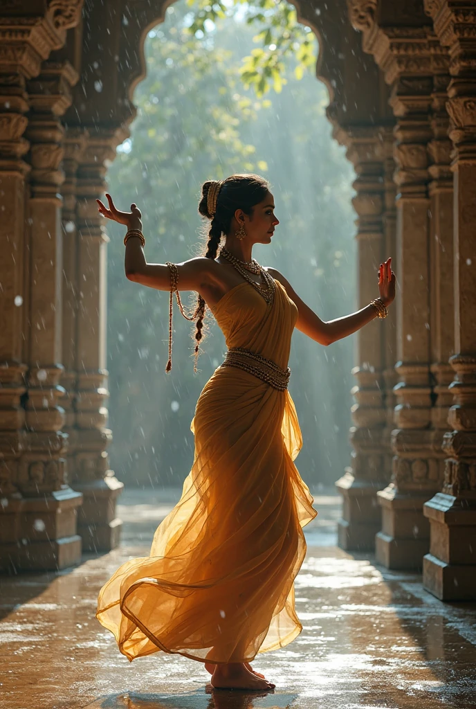 A beautiful  is practicing dancing in the temple yard and is watched by her friends.