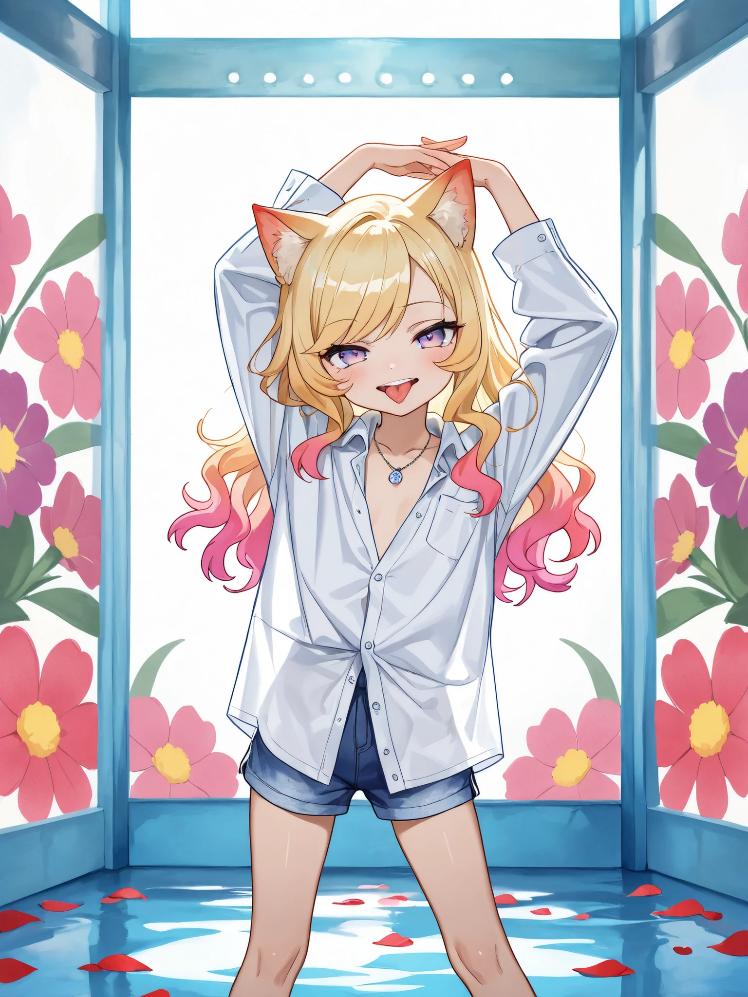 ((Masterpiece)), ((best quality, amazing quality)), (wide shot), ((very aesthetic, absurdres, newest, detailed background)), (Intense backlighting), ((1girl)), Cute young Girl, (Healthy Gaunt body, Textured skin, small breast, tilt head), unruly hair, (beautiful blond hair, gradient hair, red color Hair Tip), (loose swept bangs, wavy hair), open mouth wide, sticking out tongue, (seductive smile), blush, (cute cheeks), glossy lips, pouty lips, (lower eyelashes), Beautiful collarbone, BREAK, (stretch out both arms and hands, stretch arms up), (slightly exposed cleavage), cat ears, (pale purple eyes, gradient eyes), ((loose buttoned shirt, collared shirt, thin shirt)), wearing cute shorts, put on Fine gemstone necklace, (standing against the Colorful pastel wall, legs apart), petals, Beautiful colorful flower painting, Beautiful floral wall, Shallow pond, (Backlighting allows the silhouette of the body to show through the shirt), (watercolor texture, pencil lines),