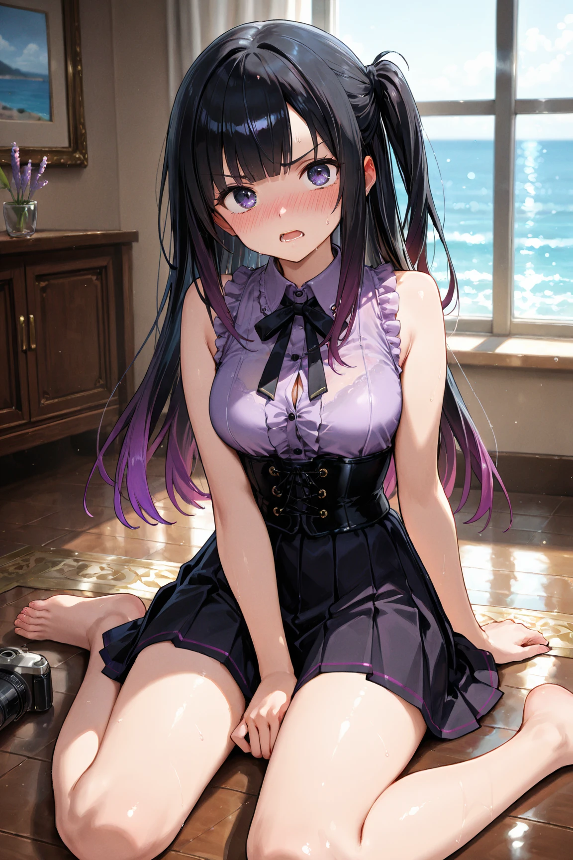 (masterpiece, best quality:1.3), 1 girl, 独奏, teenager,(top quality eyes:1.3),18 year old girl、Idol-style in your own home。A girl wearing a sparkly top and a fluffy tulle skirt。Wear a ribbon hair band、Wearing colorful socks。In the background there is a bookshelf and a window.、The outside view can be seen from the window。The room has a dressing table and a bed.、A girl is posing in front of it