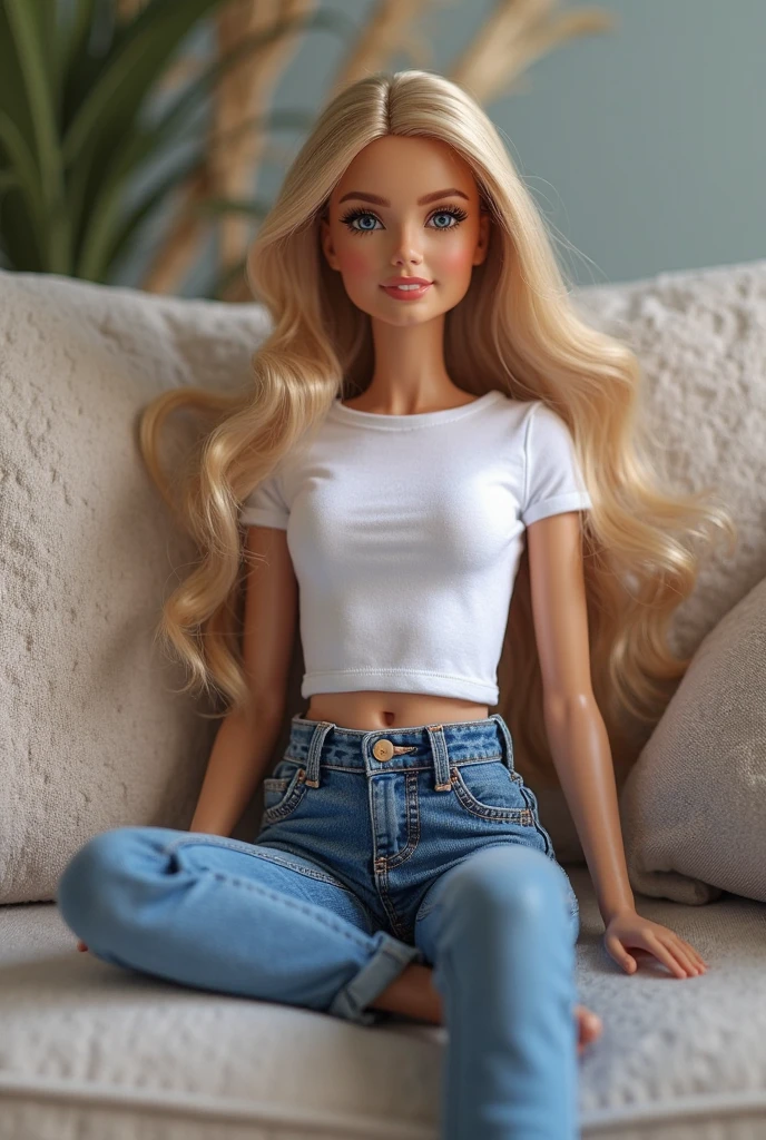 create A 20 YEAR OLD WOMAN, BRUNETTE, BLONDE HAIR, WITH A SMILE, PERFECT BODY, Brazilian style, medium breasts, sitting on the sofa in the living room, wearing jeans and a t-shirt
