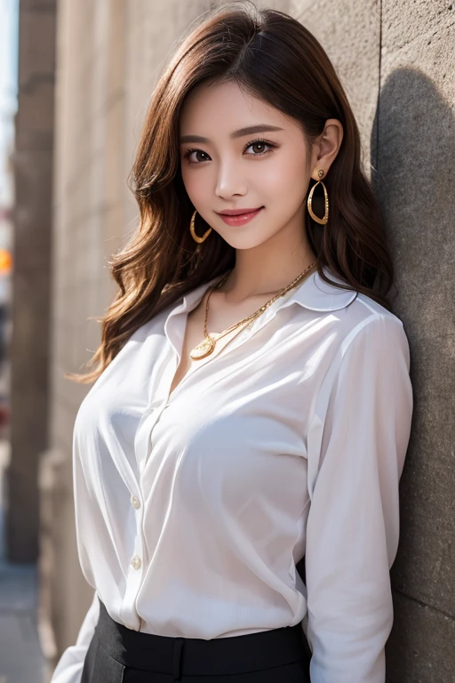 ((highest quality, 8K, table top: 1.3)), sharp: 1.2, perfect body beauty: 1.4, slim abs: 1.2, ((light brown long hairstyle,medium breasts: 1.2)), cleavage, (pale white long shirt: 1.1), Highly detailed face and skin texture, fine eyes, double eyelid, View from the side looking at the camera, innocent, (Excited: 1.3)、cute smile、big earrings、No sleeve、See-through shirt with collar、long hair、hair swaying in the wind、