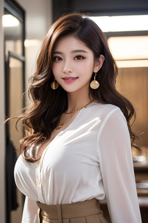 Highest quality、High resolution、8k wallpaper、Dense and beautiful eye-glue hair、(Beautiful breasts:1.3)、Natural color lip、20歳のwoman、woman、Brown Hair、smile、Semi-long hair、Hair tied up、Wearing a necklace and earrings、Fluffy blouse、Tight Skirt、Matchmaking party、Party Venue、indoor、The second button is fastened