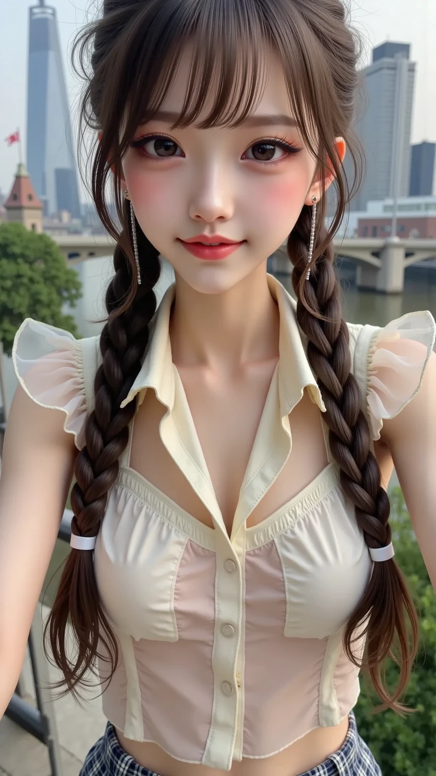 (best quality, masterpiece),1girl, solo, jewelry, necklace, looking at viewer, long hair, twintails, realistic, bangs, hair ornament, lips, collarbone, closed mouth, brown hair, butterfly hair ornament, white dress, (small breasts), breasts, upper body, smile