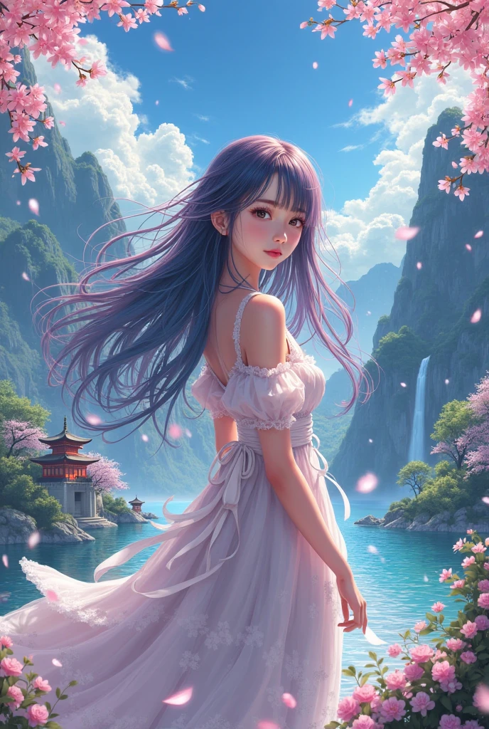 Make an image of a beautiful and pretty woman holding a purple flower, make her look beautiful and pretty, make the background a valley with a waterfall in the background, give a close up of the beautiful woman