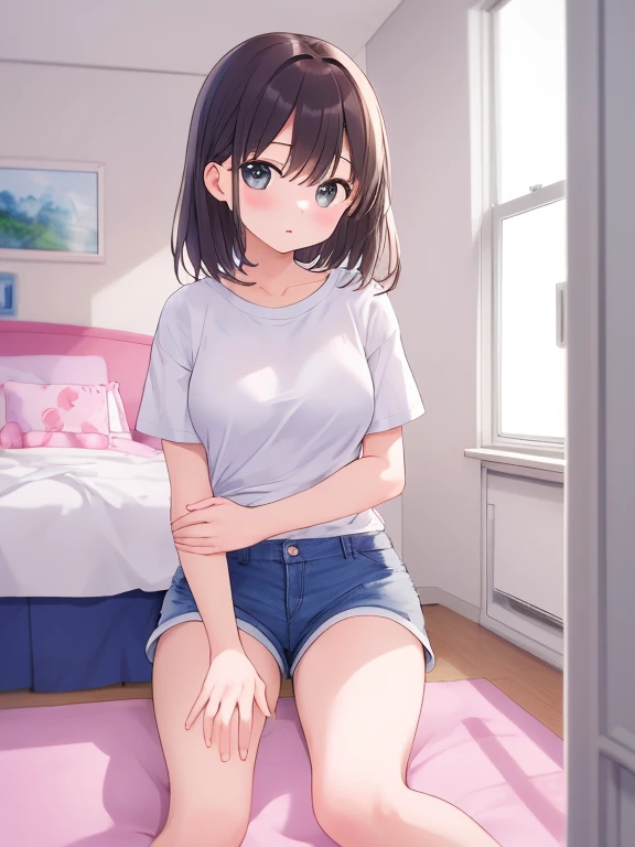 (Ellen 18-years-old, short dark layered hair, Brown-eyed, small breast:1.0), hair clips
Casual outfit, spread legs, sitting, embarrassed, groin ,