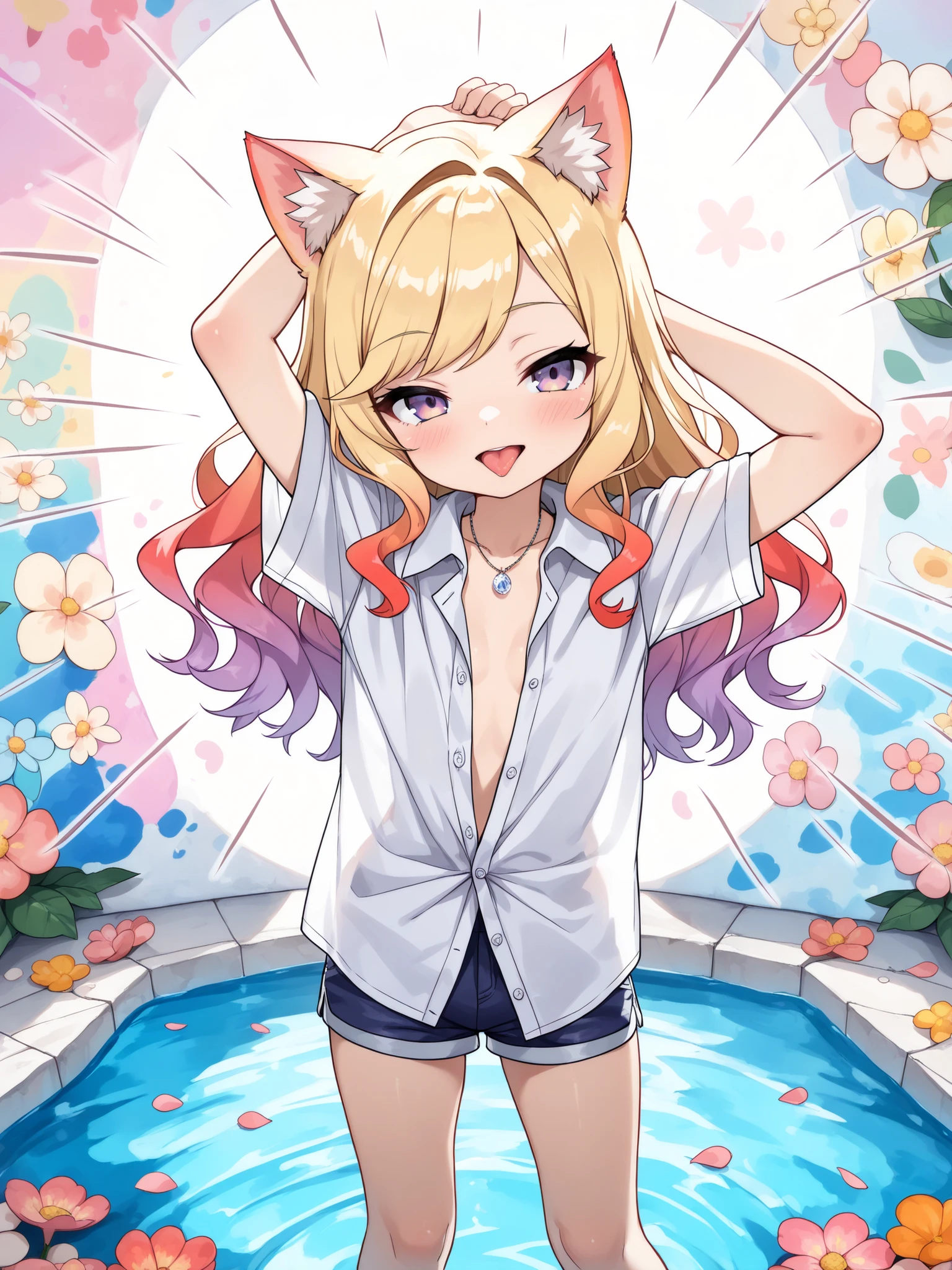 ((Masterpiece)), ((best quality, amazing quality)), (wide shot), ((very aesthetic, absurdres, newest, detailed background)), (Intense backlighting), ((1girl)), Cute young Girl, (Healthy Gaunt body, Textured skin, small breast, tilt head), unruly hair, (beautiful blond hair, gradient hair, red color Hair Tip), (loose swept bangs, wavy hair), open mouth wide, sticking out tongue, (seductive smile), blush, (cute cheeks), glossy lips, pouty lips, (lower eyelashes), Beautiful collarbone, BREAK, (stretch out both arms and hands, stretch arms up), (slightly exposed cleavage), cat ears, (pale purple eyes, gradient eyes), ((loose buttoned shirt, collared shirt, thin shirt)), wearing cute shorts, put on Fine gemstone necklace, (standing against the Colorful pastel wall, legs apart), petals, Beautiful colorful flower painting, Beautiful floral wall, Shallow pond, (Backlighting allows the silhouette of the body to show through the shirt), (watercolor texture, pencil lines),