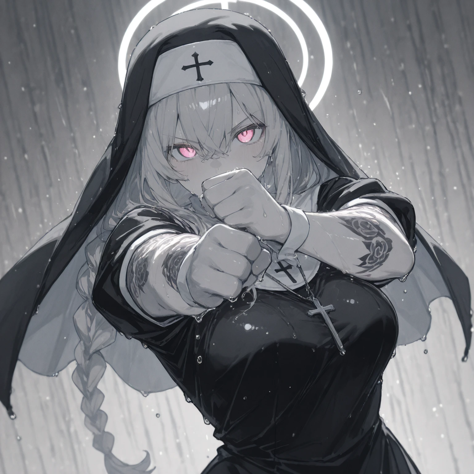 (masterpiece, best quality:1.2), solo,(1 female,Nun),(Bound by ropes:1.7)(Hanged in mid air by ropes),sweating skin,(Open pose:1.7),(hair over one eye, wet hair),(Ahegao:1.4),(In the prison:1.7)