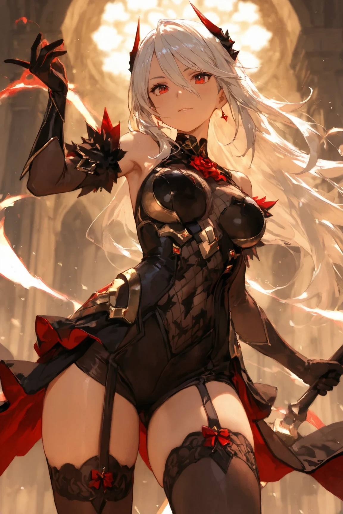masterpiece, middle ages, The knights, guild, Black Hair, white hair, blunt bangs, short hair, Ahoge, blue eyes, ((((black and red dress armor)))), 1boy, open mouth, spread legs, front, abs, front, arms behind head, (((Small breasts))), (((glaring))), fang, ((smile)), ((scared)), grin, Crying face