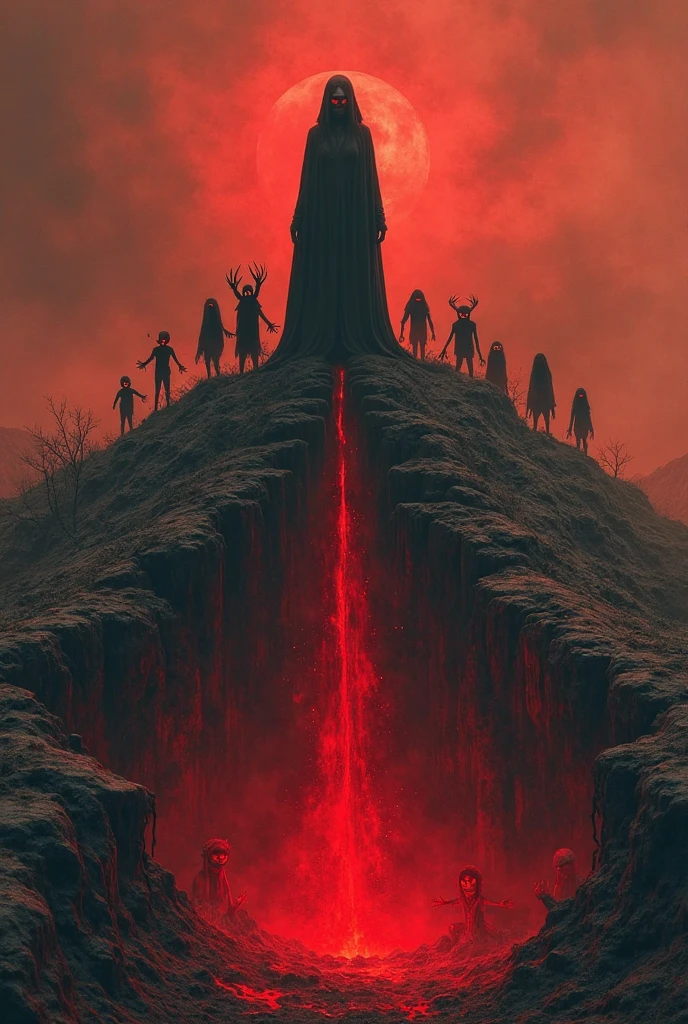 emerging from a creepy cave, a demon with a red head, big ears and blood coming out of its mouth sits and people run around it