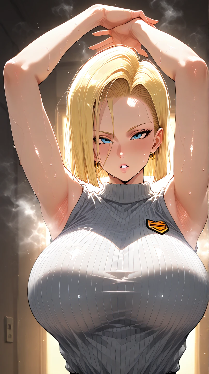 Android 18 lifting a car over her head, she's wearing her classic blue skirt and black jacket with striped sleeves. her tiny pink panties are peeking out of her skirt. She is soaked with sweat. (sweat soaked) her chest strains the fabric of her white t-shirt and massive, sweaty, gigantic breasts are partially visible through her soaked t-shirt. (scared) (huge breasts) (oversized breasts) (blonde hair)