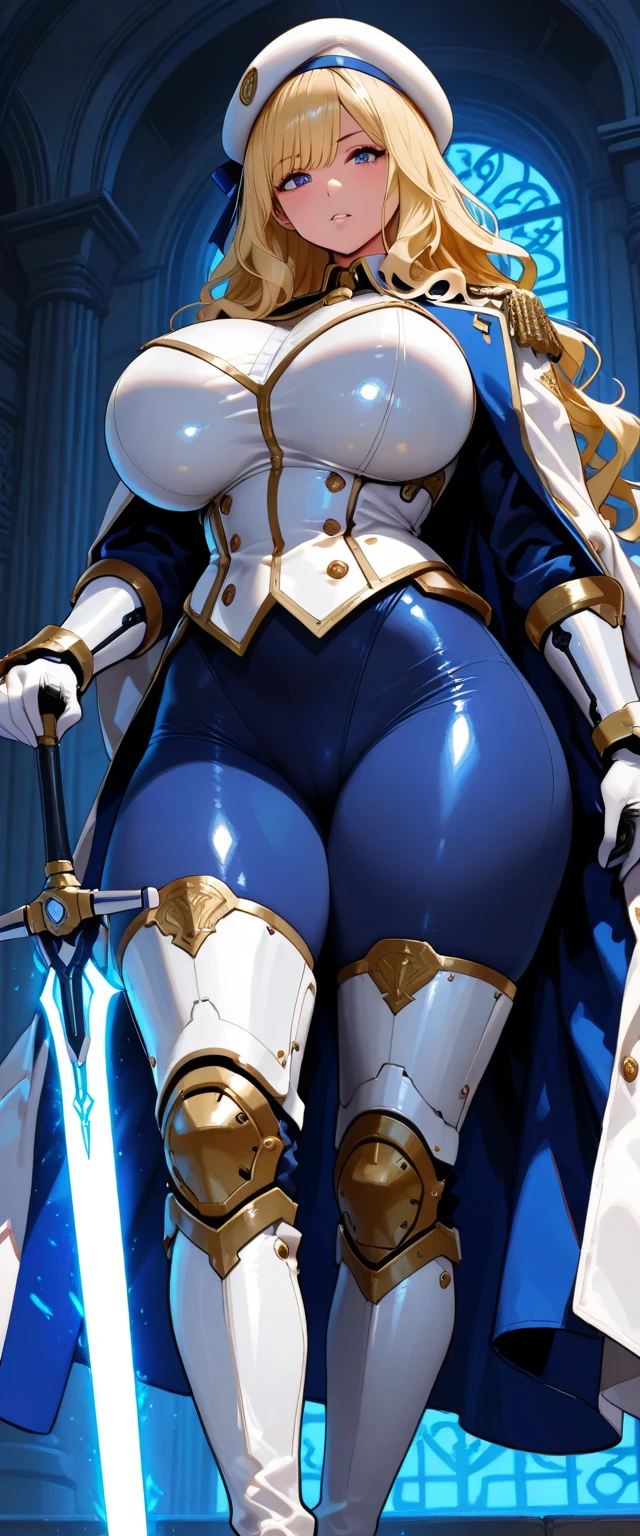 masterpiece, best quality, high quality, 1solo white SKIN elf, long hair, white hair, yellow eyes, full body, breastplate, looking at viewer, shiny, armor, thigh highs, high boots, shoulder armor, faulds, poleyn, gloves, gauntlets