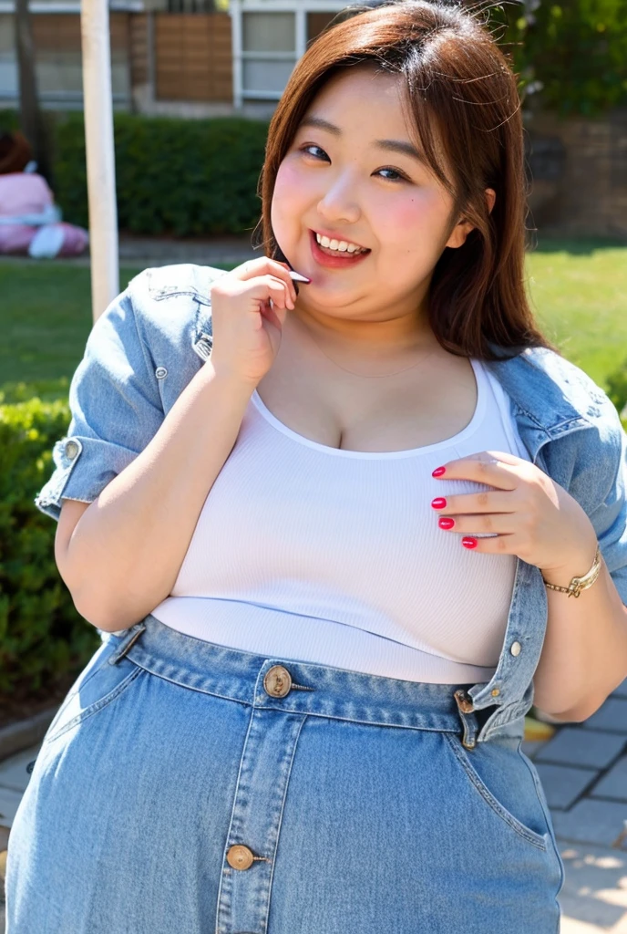 Masterpiece, highest quality, ultra-detailed, 32k quality, highest resolution, dynamic, (((super plump))), (((super beautiful))), obese, Korean woman, smiling face, soft serve ice cream, outdoor cafe,
