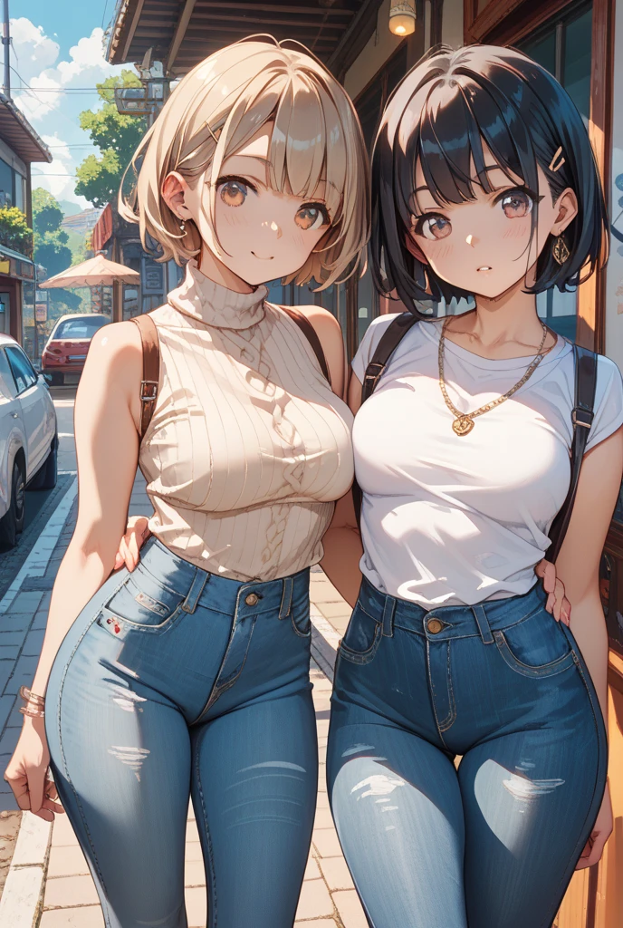 (masterpiece, Highest quality:1.2), Two Women。,One of the women has long blonde hair..、18-year-old、head band、Light brown skin、Large Breasts、thinウエスト、Big Ass、Height 140 cm。,The other woman is short., Black Hair.、18-year-old、thin、Small breasts、thinウエスト、Big Ass、height: 170cm。