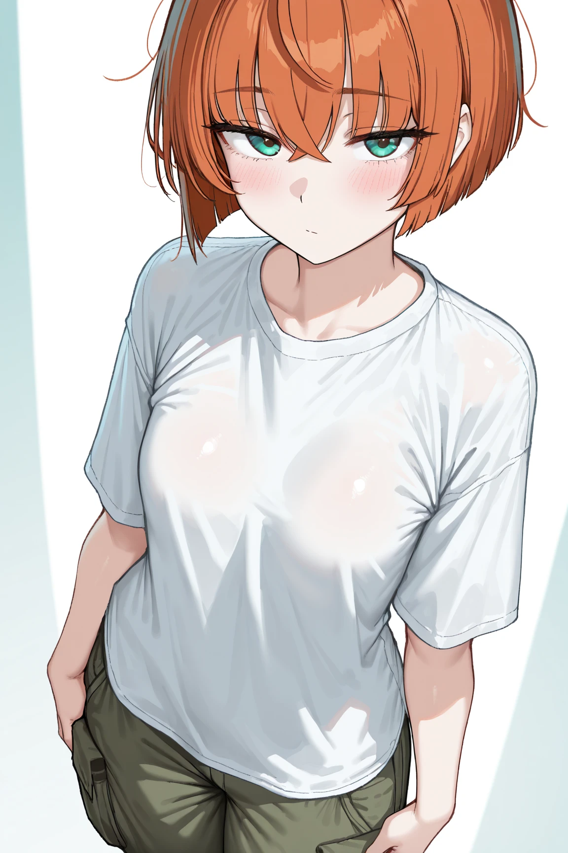 1 Girl, Small Breasts, Green Eyes, Heart Eyes, Deep Red Hair, Short Hair Style, Pale White Skin, Smooth Skin, Face Freckles, Slutty, Sexy, Sassy, Smirking, Tease, Teasing, Teasing, Sexy Pose, Young Girl, Very Small Girl, 8 Years Old, Wet Baggy Shirt, Booty Shorts, Soaking Wet