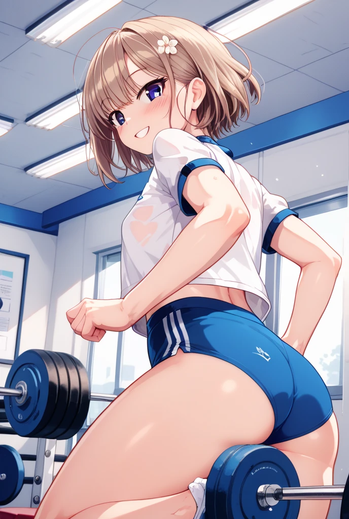 a girl sitting on gym cycle saddle, tennis-wear, skirt, white panties, ass, looking back,
