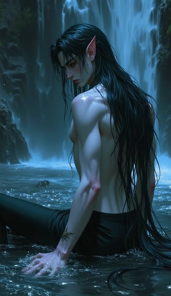 In a dark and slimy lake, a male elf with long black hair emerges from the depths. Your body is covered in black oil, and your hair sticks to your shiny skin. The dim moonlight reflects off the oil droplets dripping from her skin., creating an ethereal and mysterious effect. The elf looks around, his eyes shining with a mixture of fury and determination.