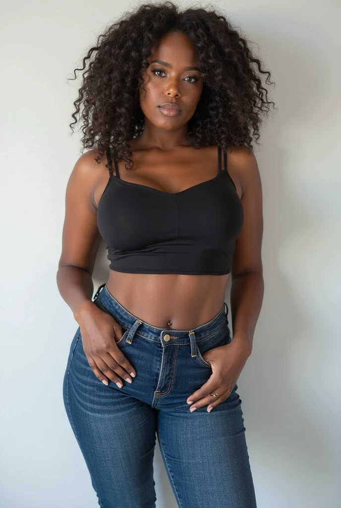 (photorealism:1.2), black beautiful woman, curvaceous,wearing sweat pants, short curly hair,oversized black glasses, standing , realistic, intricate detail,