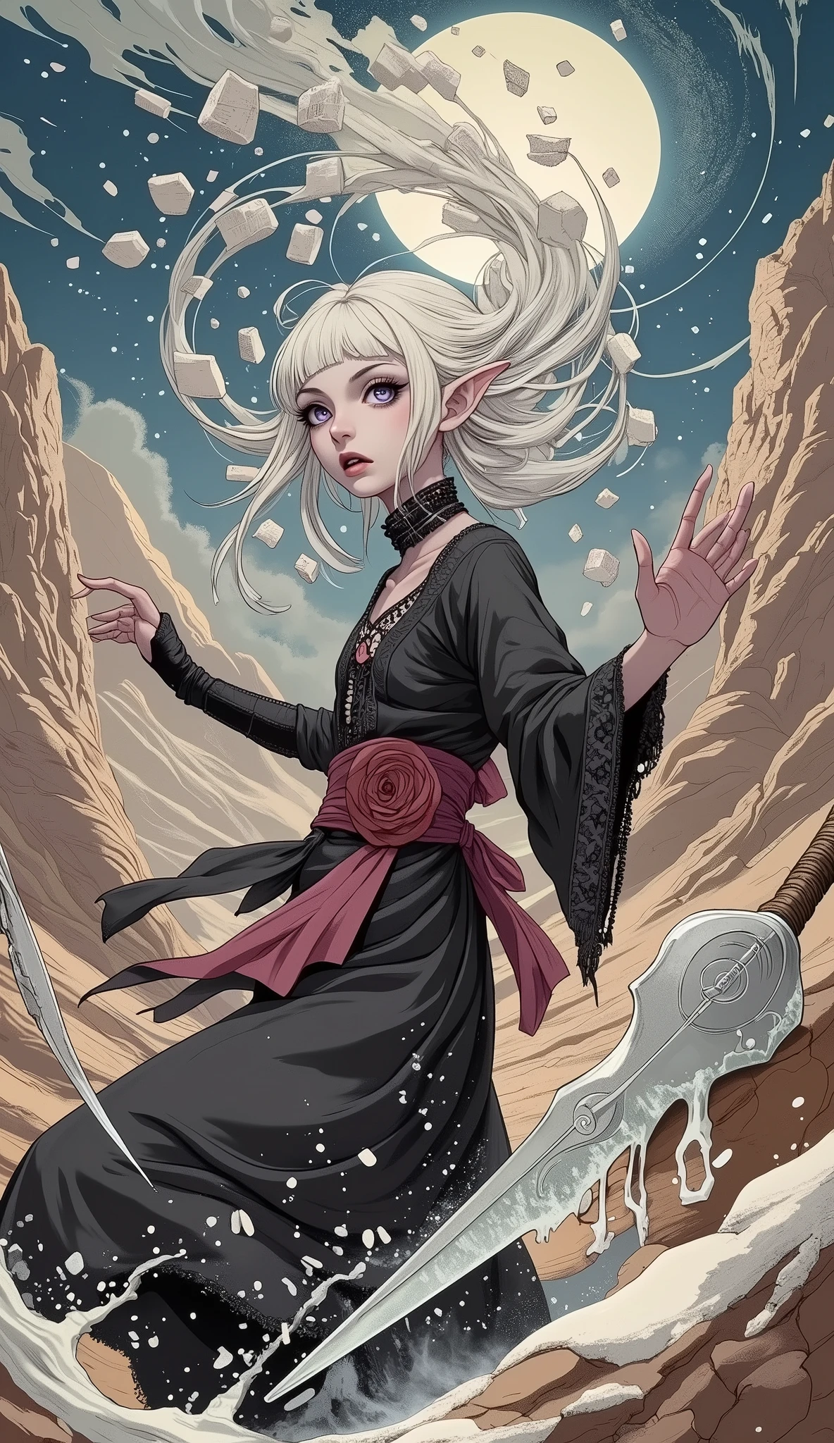 (A fusion of Ukiyo-e and dark fantasy. Aesthetic and gothic digital art. The illustration is drawn from a viewpoint looking up at a woman from a low position.) BREAK 
(White hair. Blunt bangs. White eyebrows. Long white eyelashes. Almond-shaped eyes. Lavender eyes. Dark, thick eyeliner. Small pink lips. Slightly pointy ears. Dark purple skin. Thin limbs. Thin fingers. White fingernails. One thumb and four fingers accurately drawn.) BREAK 
(A desolate world of arid red deserts and rocky mountains set in medieval Egypt. Strong sunlight shines, hot and strong winds blow, and red dust dances in the air. A female dark elf mage roars and screams, turns her back, twists her body in a daring pose, points her hands to the sky, and rains down from the sky many large frozen blocks of ice onto the ground with great force. The woman's feet are frozen white, frosty, and smoky. The enemy mummy warriors burst apart. The woman wears a jet-black silk lace-up dress with a dark crimson rose relief on a jet-black beaded choker and a thin, sheer, shiny Egyptian lace sash elegantly wrapped around her waist. She carries a large, double-handed ice-bladed spear. She weaves scraps of beautiful colors into her hair.)